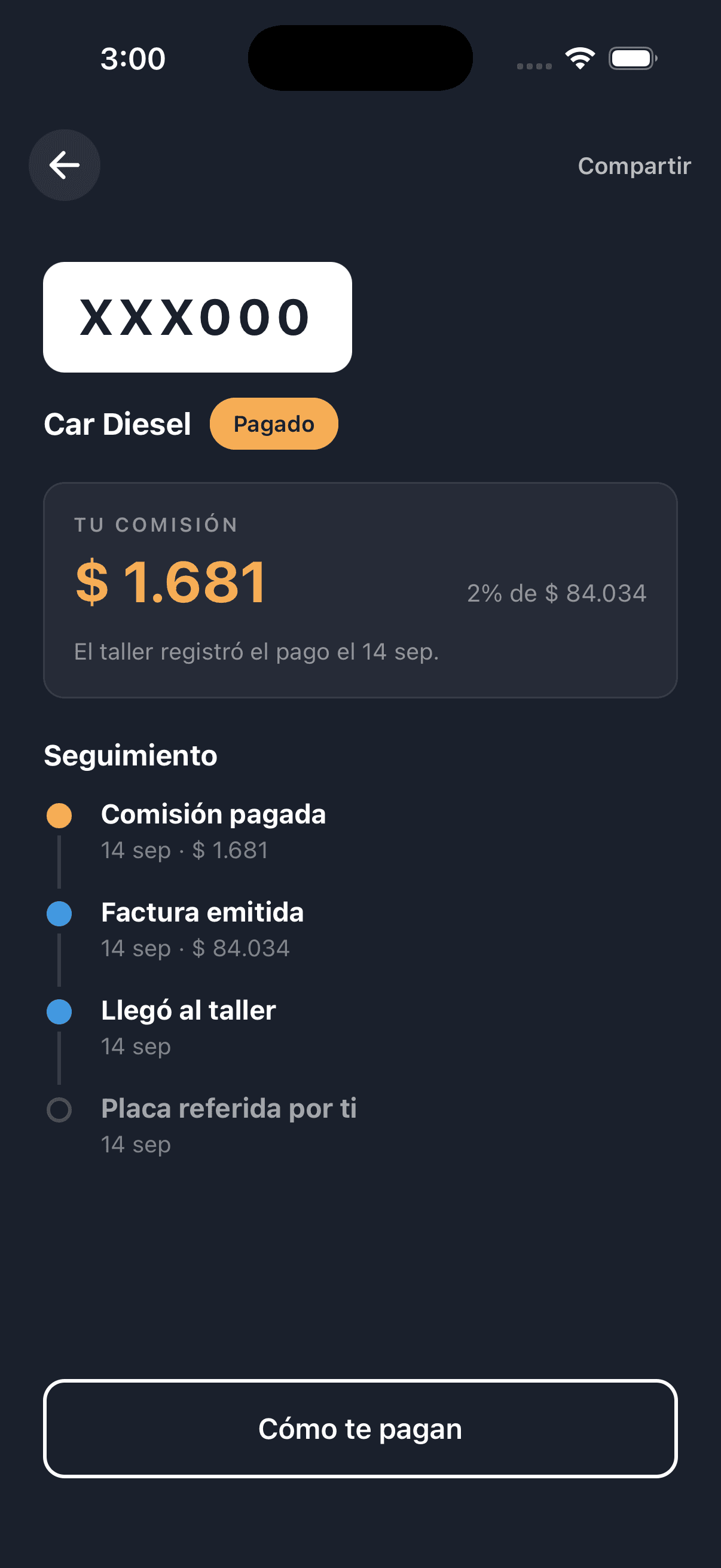 Detalle de un referido en la app Special Tech: la placa, el estado Pagado, la comisión ganada, y el seguimiento con sus cuatro hitos — placa referida por ti, llegó al taller, factura emitida y comisión pagada, cada uno con su fecha.