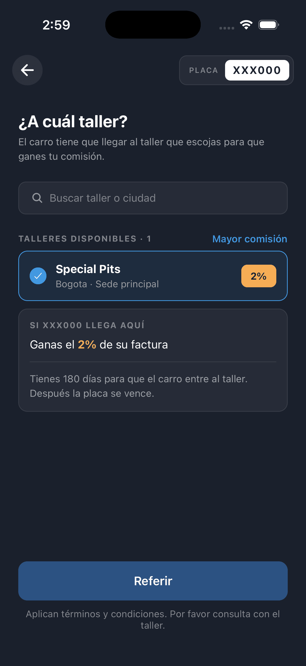 Pantalla ¿A cuál taller? de la app Special Tech con Special Pits seleccionado: muestra el porcentaje que te pagan, la promesa 'si esta placa llega aquí ganas ese porcentaje de su factura' y los días que tienes para que el carro entre al taller.